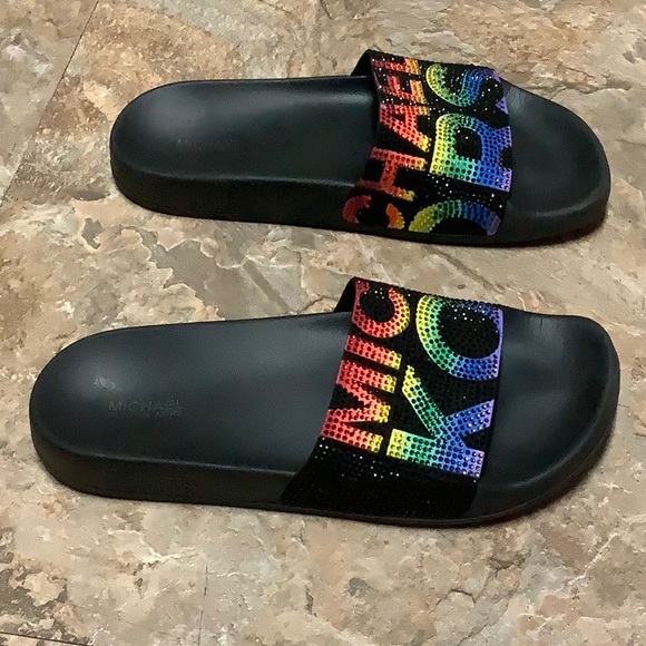 🔴 Black & rainbow crystal Michael Kors slides - Picture 4 of 9